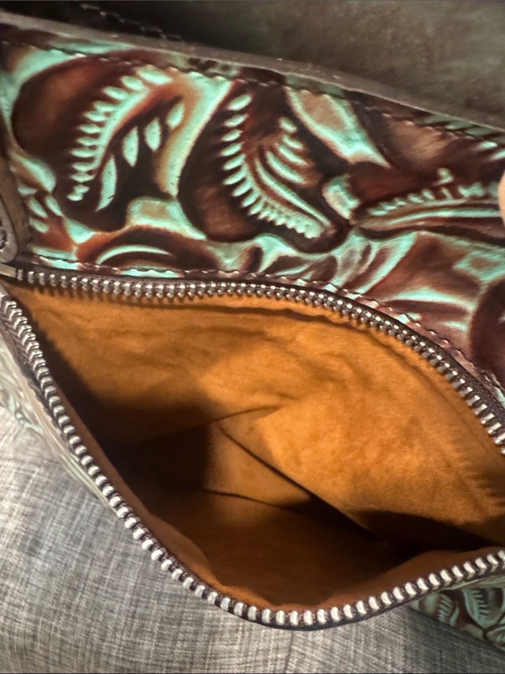Patricia Nash Bag Vintage Tooled Turquoise and Brown Embossed Tote - Picture 15 of 17
